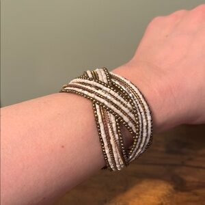 Beaded Cuff Bracelet, Braided, Brown, Gold, White, Retro, Boho